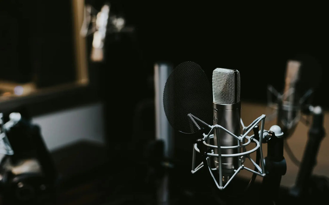 Micro statique en suspension avec filtre anti-pop dans un studio
