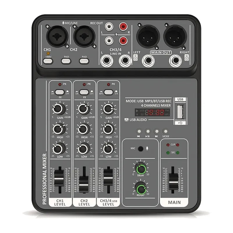 Table de mixage 4 voies Bluetooth et USB, 48 V, 2 entrées micro