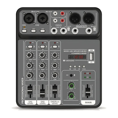 Table de mixage 4 voies Bluetooth et USB, 48 V, 2 entrées micro